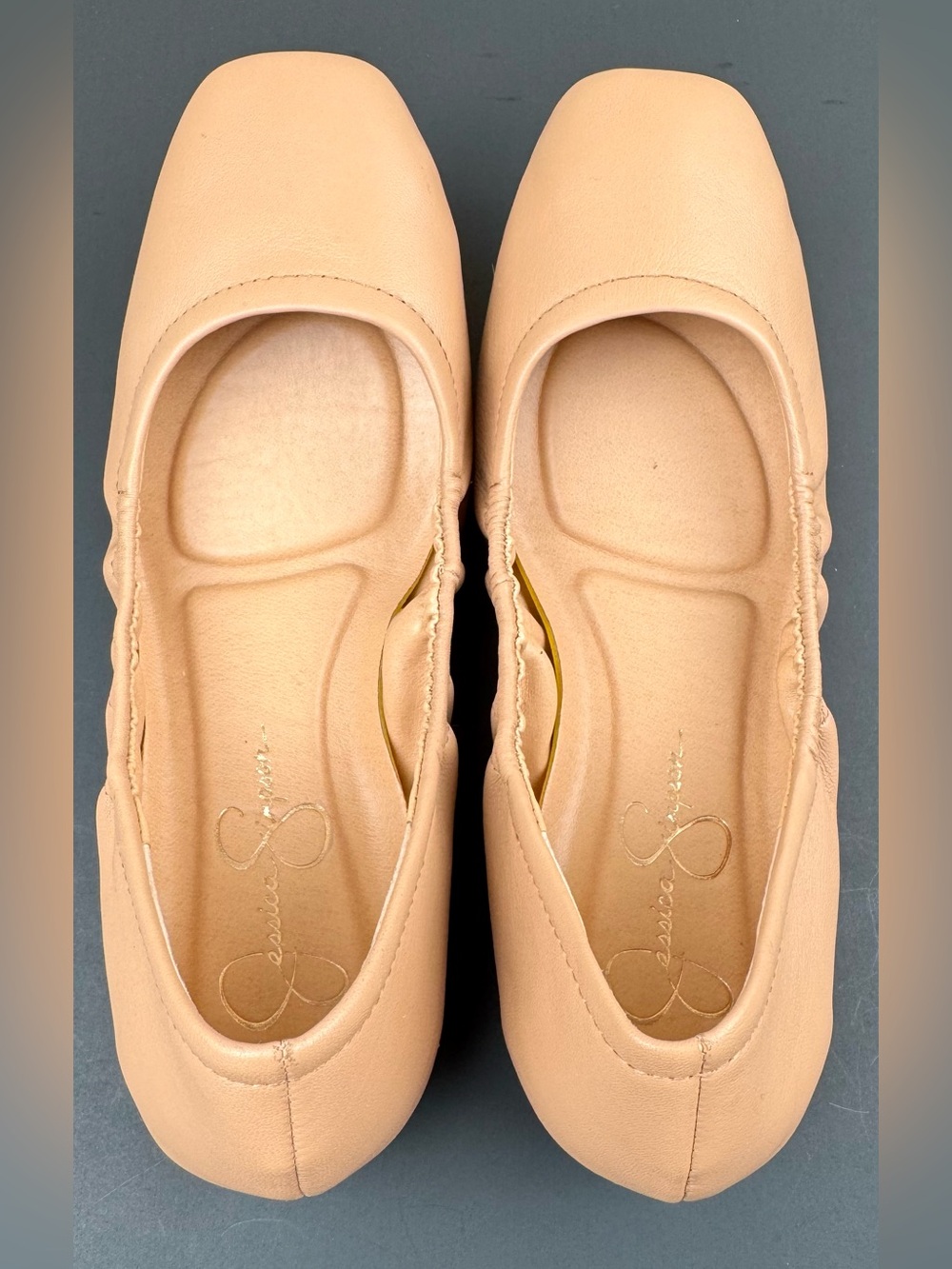 Jessica Simpson Ballet Flats. Buff, w/ ruched sides. Size- 8.5 M